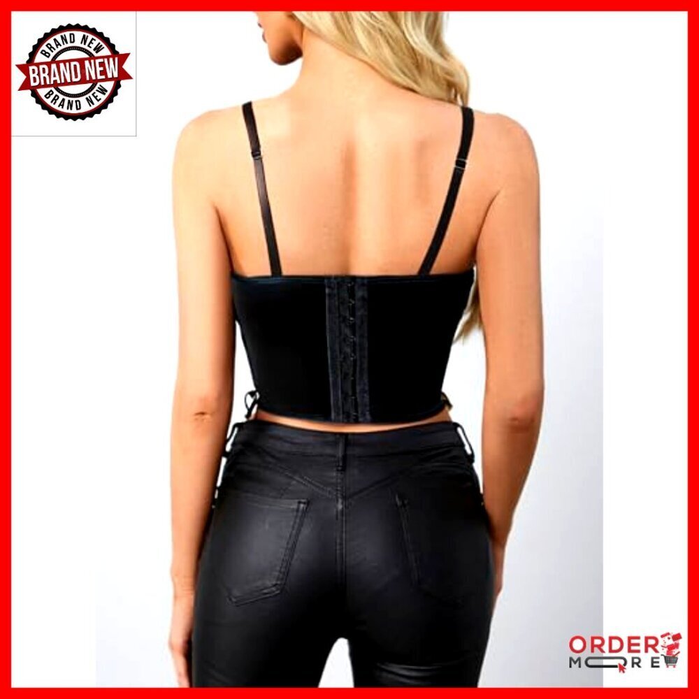 Goth Lace Up Leather Camisole Top Deep V Neck Asymmetrical Crop Corset - Picture 2 of 5
